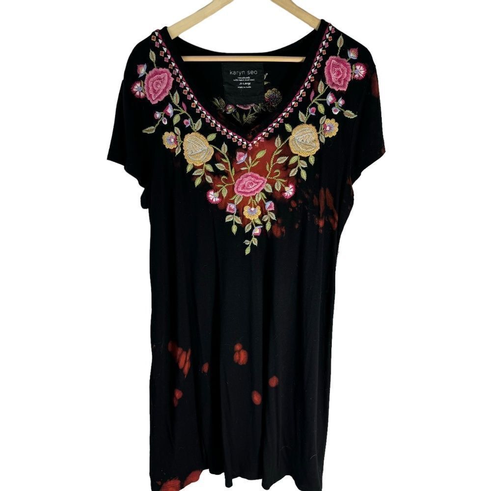 Karen Seo Black Embroidered Bodice V-Neck Dress‎ Sz XL